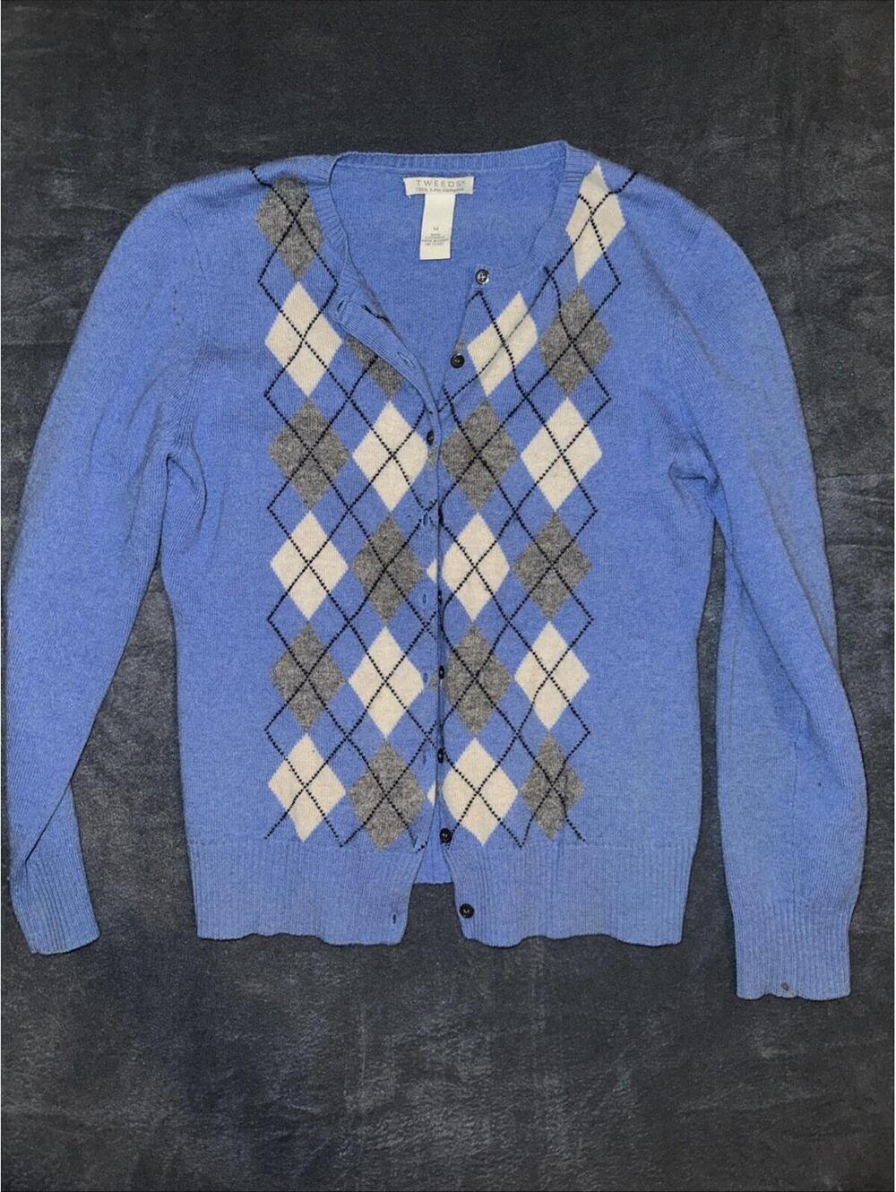 Tweeds Blue Geometric 100% Cashmere Button-Front Cardigan Sweater Women Size M